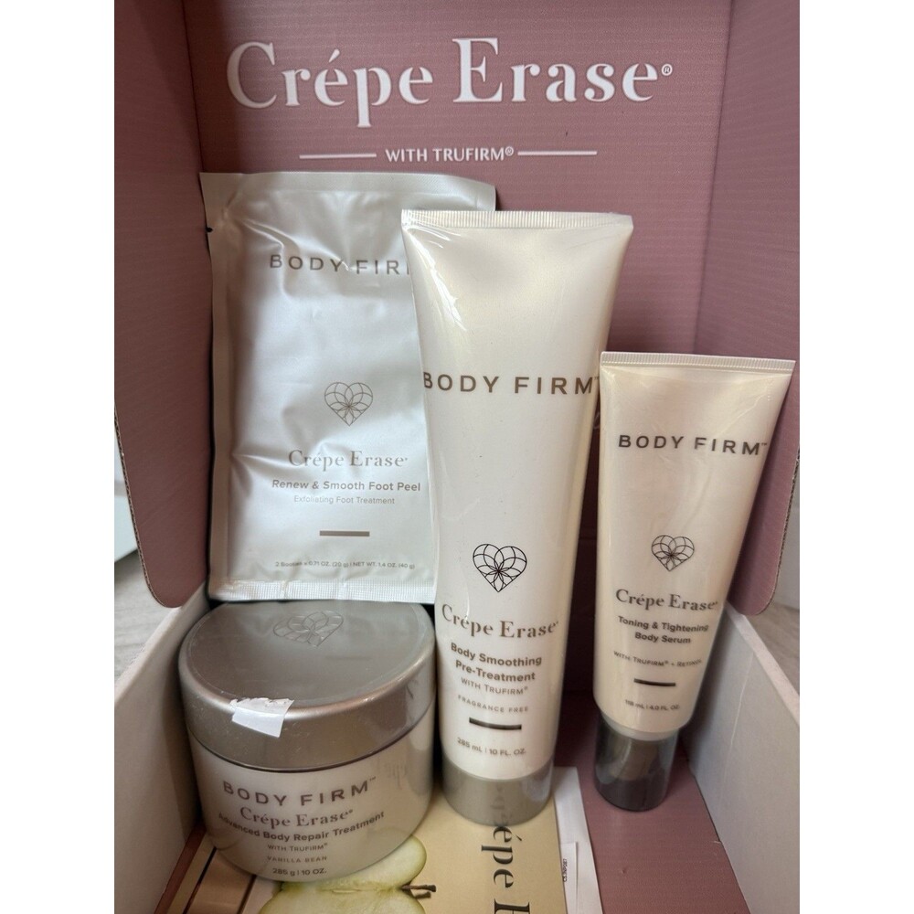 Body Firm Crepe Erase 4 Pc Set TruFirm Serum Exfoliant Moisturizer Foot Peel New